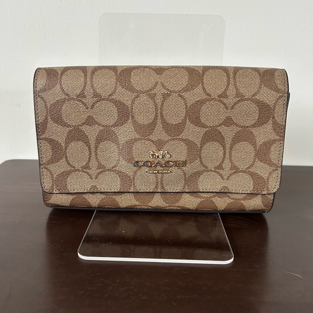 Coach Flap Clutch Tan and Brown Signature Crossbody